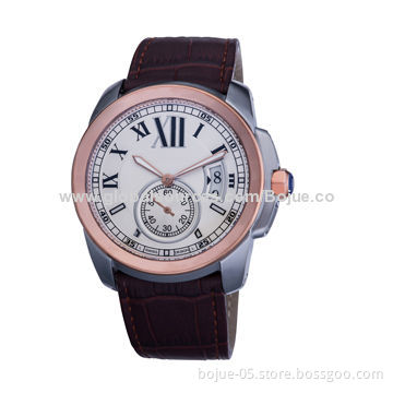 Real leather stainless wrist watch, gold bezel